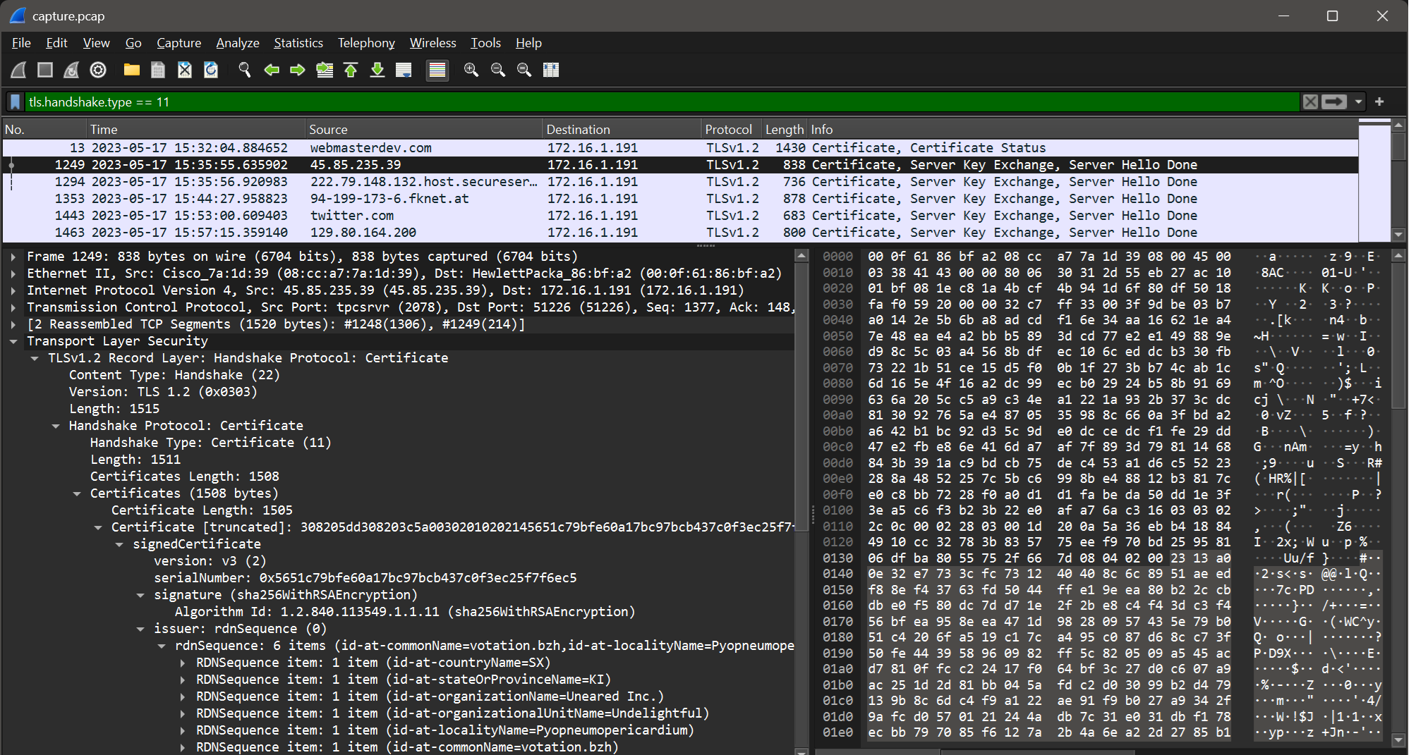 capture.pcap frame 1249 TLS data