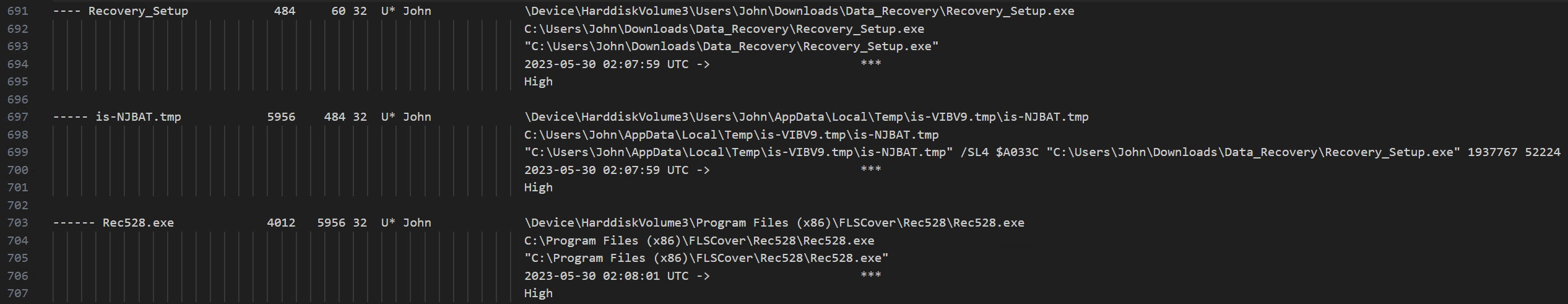 MemProcFS processes with installed Rec528